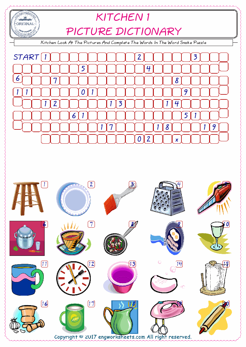  Check the Illustrations of Kitchen english worksheets for kids, and Supply the Missing Words in the Word Snake Puzzle ESL play. 